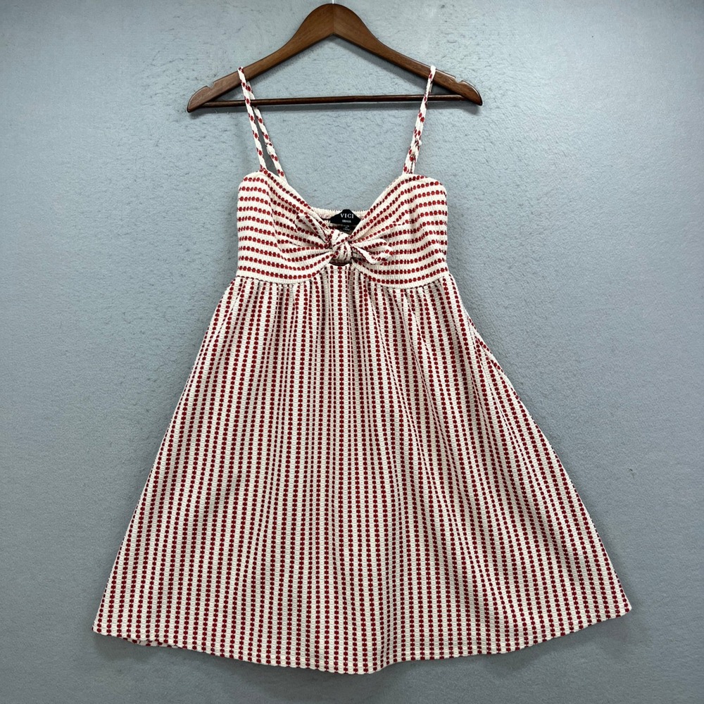 VICI Mini Dress Womens Small Red White Striped Tie Front Smocked Summer Coastal